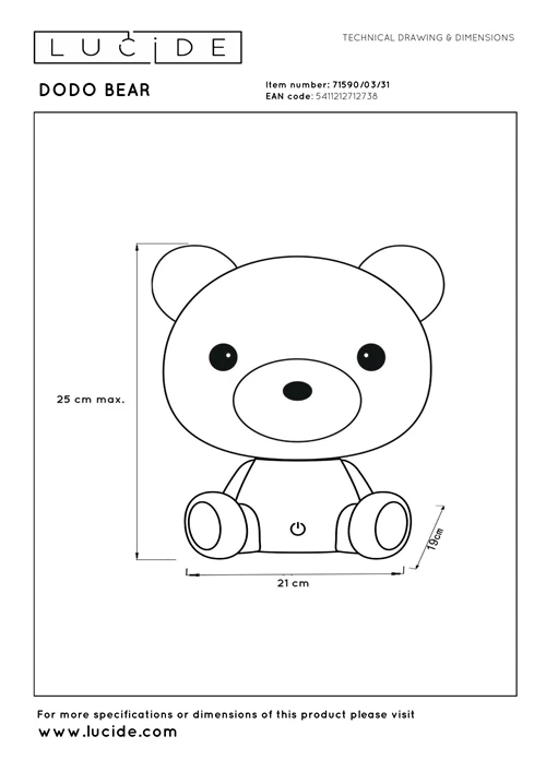 Lucide DODO BEAR - Table lamp Children- LED 3 StepDim - 1x3W 4000K - White - technical